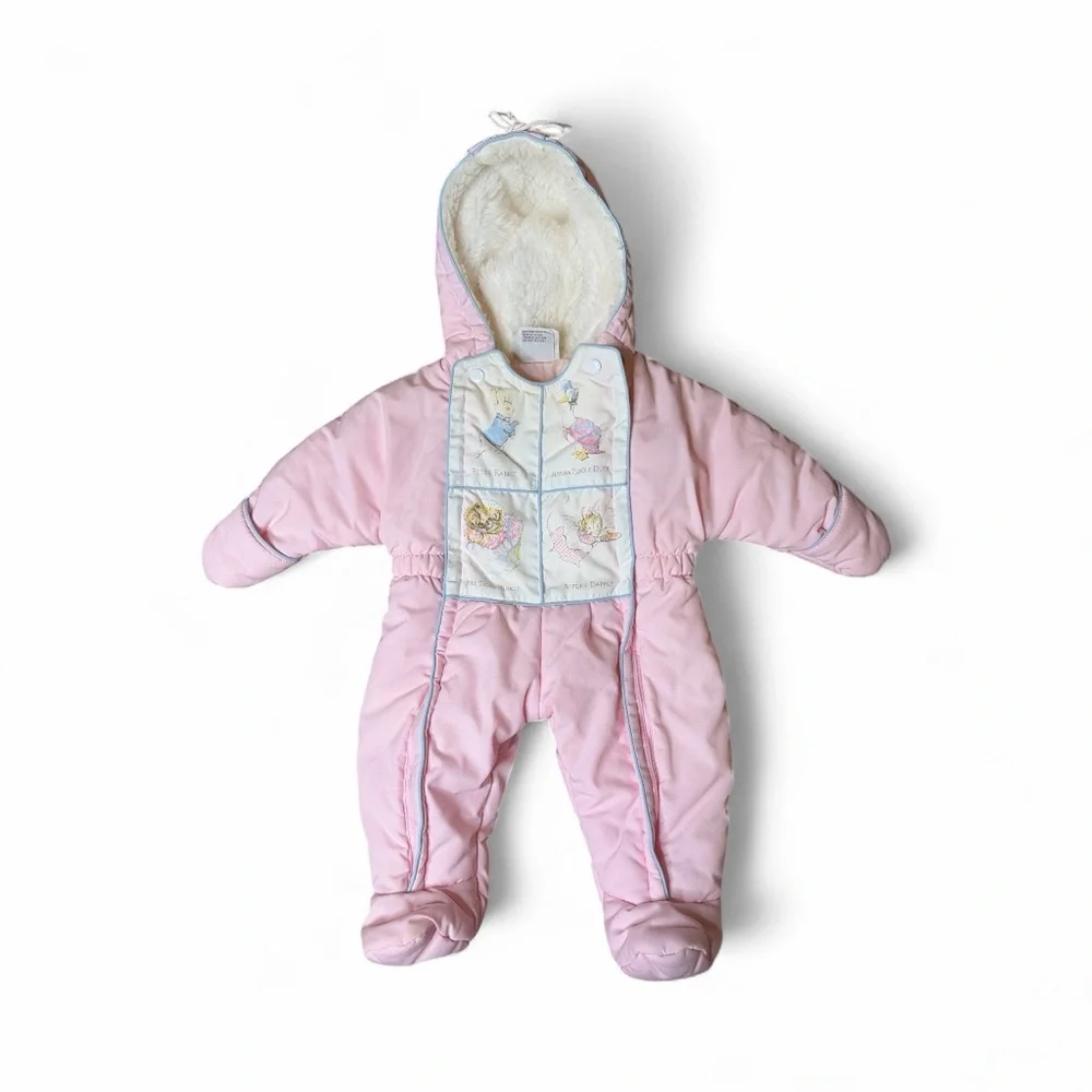 Quiltex Beatrix Potter Vintage Baby Snowsuit Pink Fleece Lined Hood 6 Months